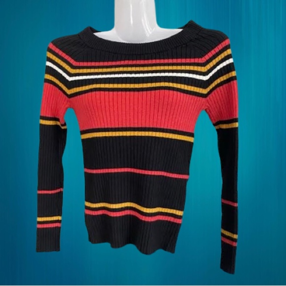 Crew/Boat Neck Striped Ribbed Sweater - Picture 13 of 16
